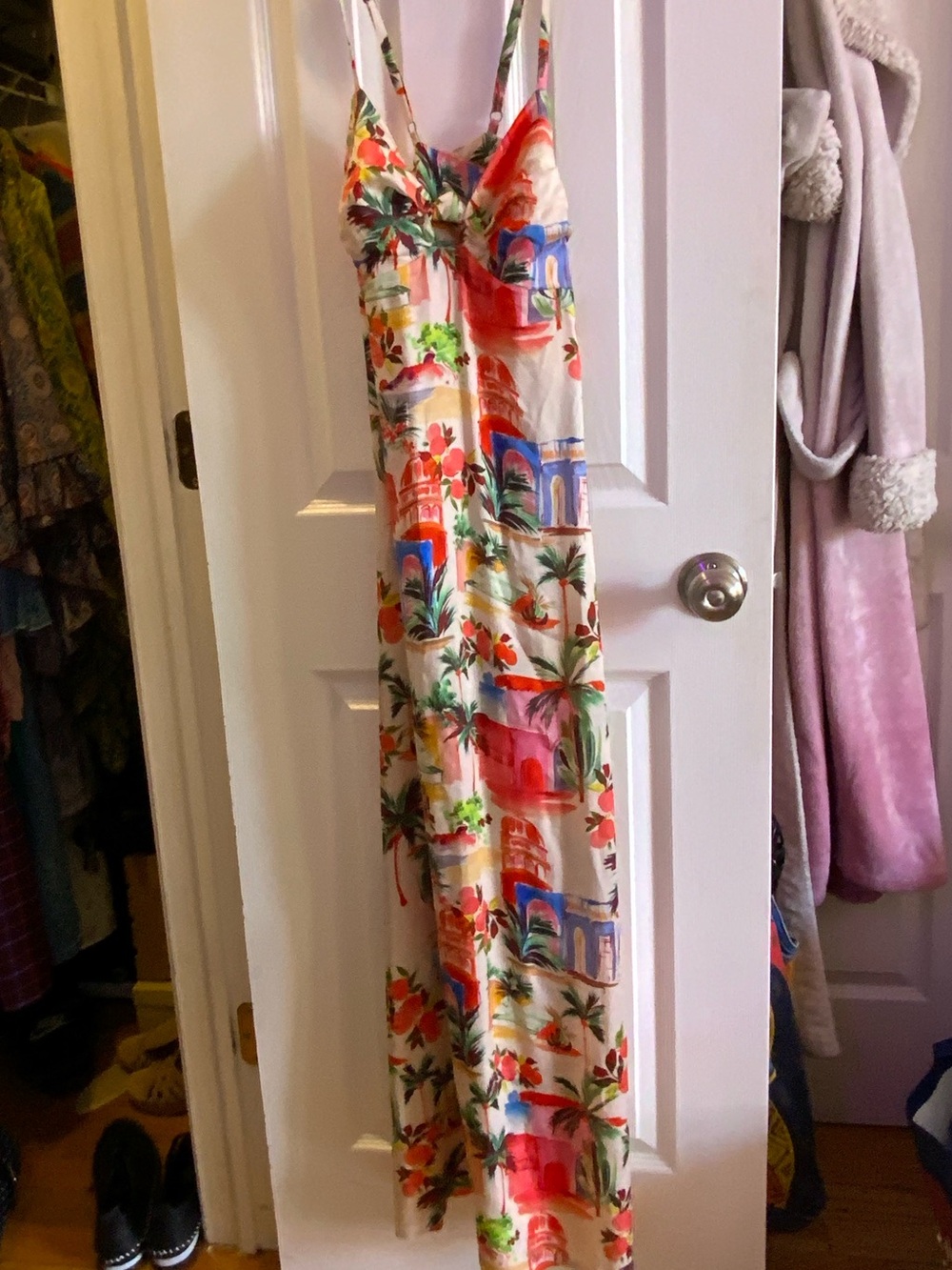 Marine Layer Tropical Print Maxi Dress - Cream with Red, Blue, Green Accents
